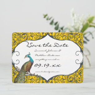 Invitation Navy et Moutarde Peacock Love Bird Enregistrer la 