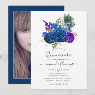 Invitation Navy et vintage paon floral Quinceañera poursy