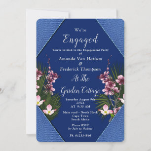 Invitation Navy - Fleurs bleues et roses Engagement