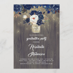 Invitation Navy Floral Mason Jar Rustic Graduation Party