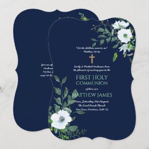 Invitation NAVY Floral Première communion sainte avec verset
