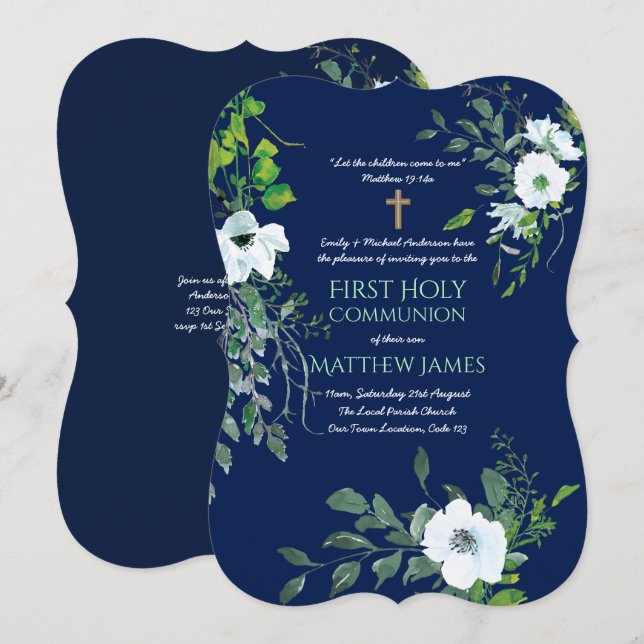 Invitation NAVY Floral Première communion sainte avec verset (Devant / Derrière)
