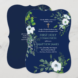 Invitation NAVY Floral Première communion sainte avec verset