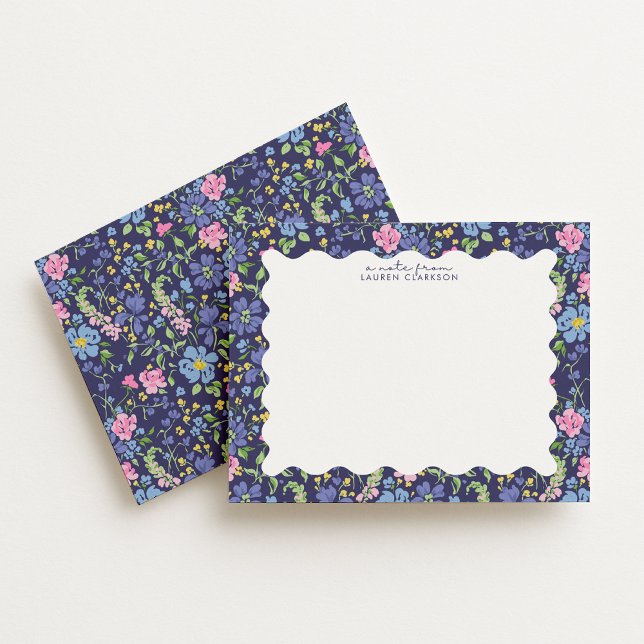 Invitation Navy Floral Wavy Frame Note Card (Créateur téléchargé)