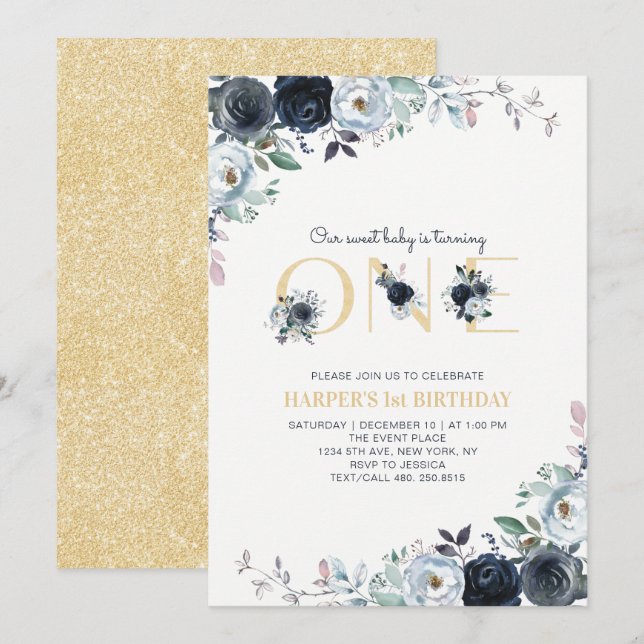 Invitation Navy & Gold Boho Floral 1er fête d'anniversaire (Devant / Derrière)