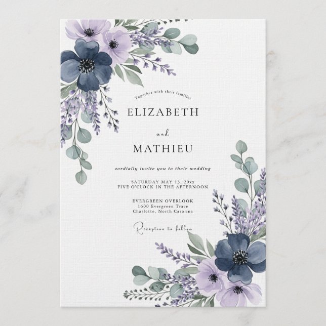 Invitation Navy Lavender Ethereal Bloom Wedding (Devant)