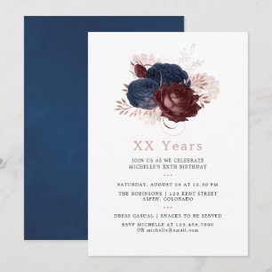 Invitation Navy, Marron et Rose Gold Floral Anniversaire