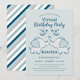 Invitation Navy & Mint Cute Elephant Virtual Birthday Party