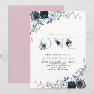 Invitation Navy & Pink Boho Floral Girl 1er Anniversaire