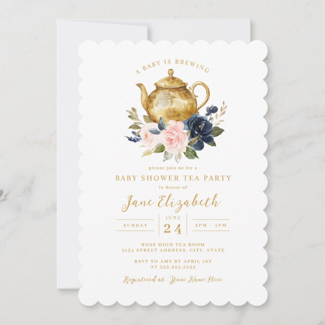Invitation Navy Pink Tea Party Un bébé brasse du Baby shower (Devant)