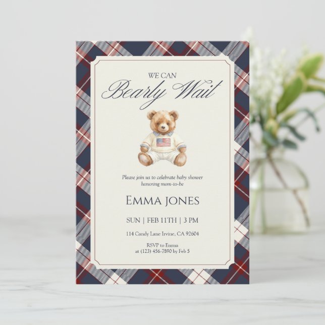 Invitation Navy Plaid Teddy Bear Baby Shower (Debout devant)