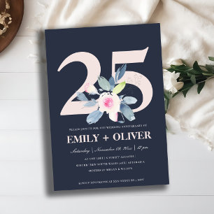 INVITATION NAVY ROSE BLEU FLORAL 25ÈME ANNIVERSAIRE TOUTE ANN