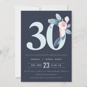 INVITATION NAVY ROSE BLEU FLORAL 30ÈME ANNIVERSAIRE TOUTE ANN