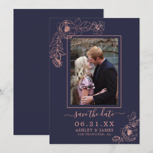 Invitation Navy Rose Gold Floral Photo Mariage Enregistrer La