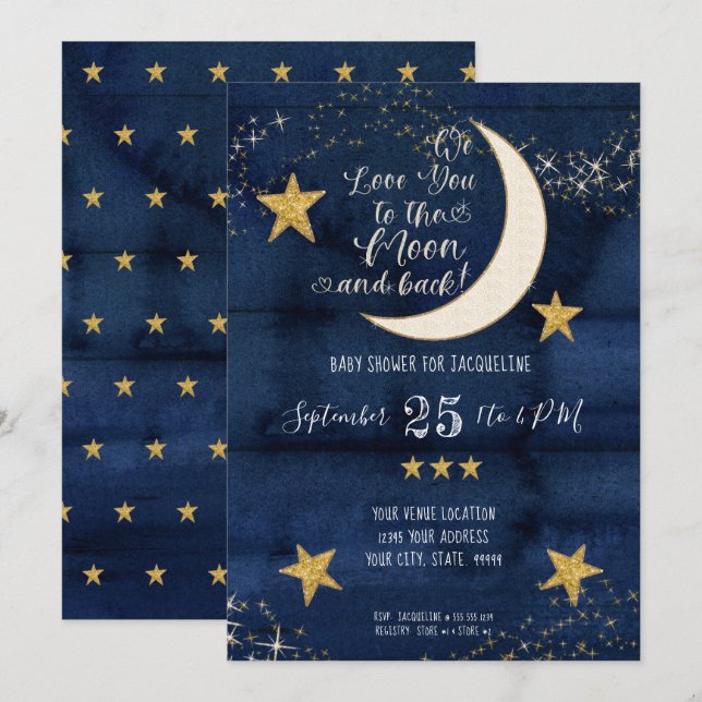 Invitation Navy Twinkle Little Star Moon Love Boy Baby shower (Devant / Derrière)