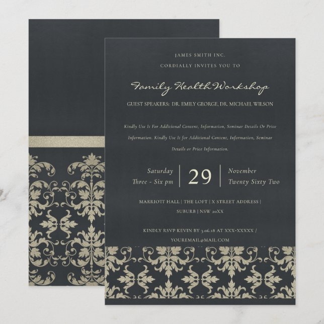 INVITATION NAVY VELVET SILVER DAMASK ÉVÉNEMENT D'ATELIER CLAS (Devant / Derrière)