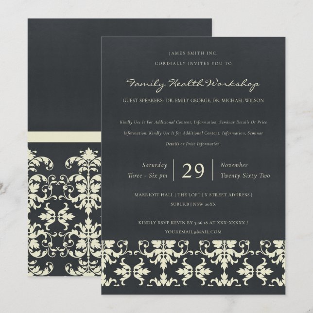 INVITATION NAVY VELVET WHITE DAMASK ÉVÉNEMENT D'ATELIER CLASS (Devant / Derrière)