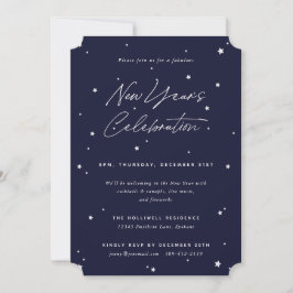 Invitation Navy+White Script Étoiles éparpillées Fête du Nouv