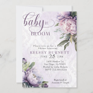 Invitation Né au Baby shower fleuri pourpre de Bloom