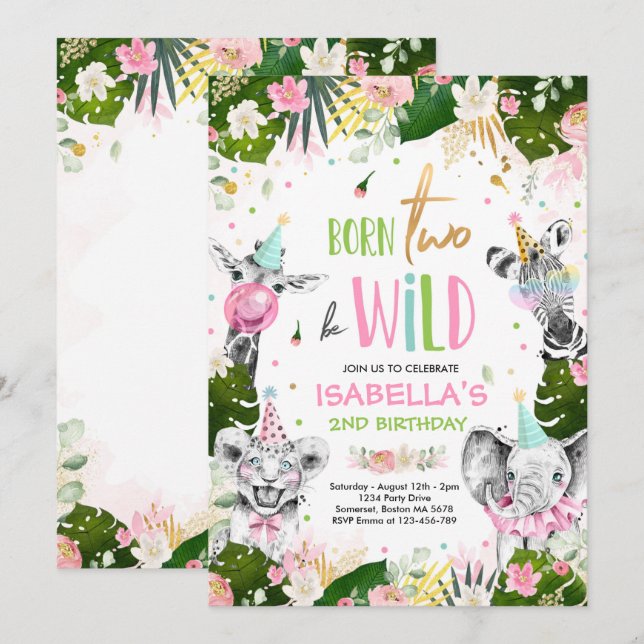 Invitation Né Deux Be Wild Anniversaire Safari Animaux Party (Devant / Derrière)