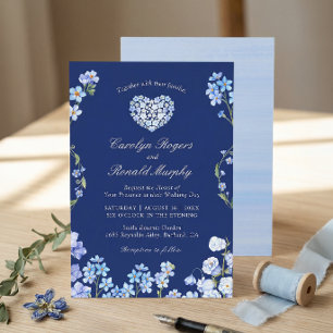 Invitation Ne m'oubliez pas cœur bleu royal floral mariage