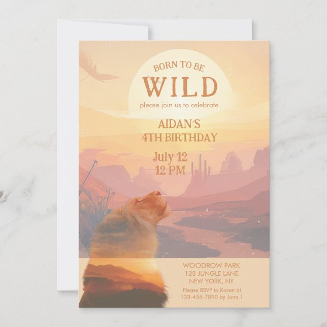 Invitation Né pour être un lion africain sauvage Anniversaire (Devant)