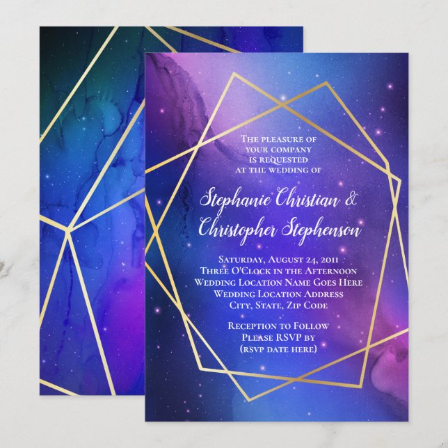 Invitation Nebula violette Art Celestial Mariage d'or géométr (Devant / Derrière)