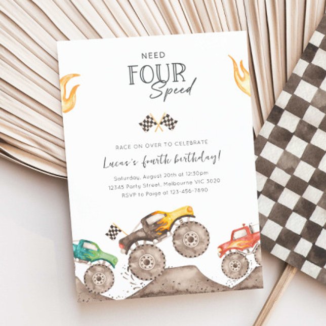 Invitation Need Four Speed Monster Truck 4th Birthday Bash (Créateur téléchargé)
