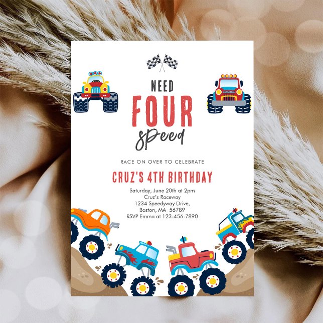 Invitation Need Four Speed Monster Truck Boy 4th Birthday Inv (Créateur téléchargé)