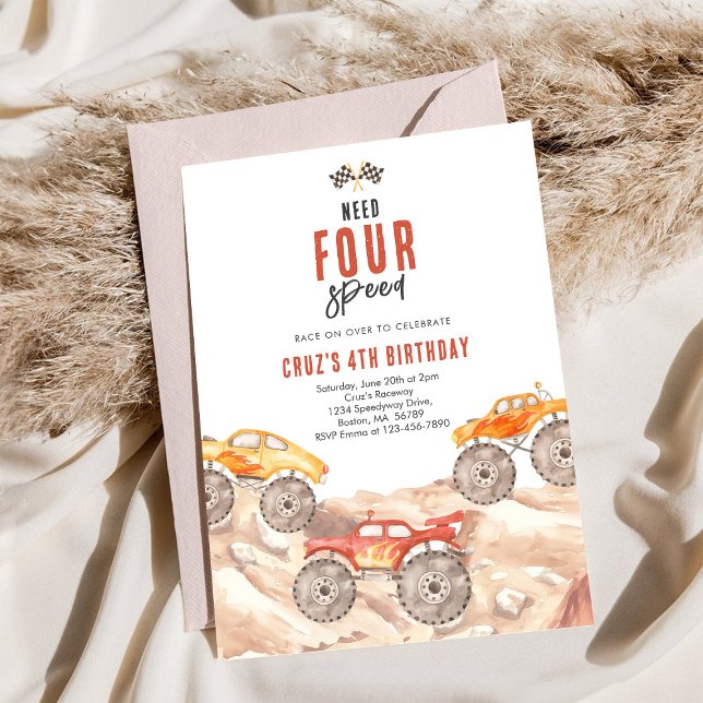 Invitation Need Four Speed Monster Truck Boy 4th Birthday Inv (Créateur téléchargé)
