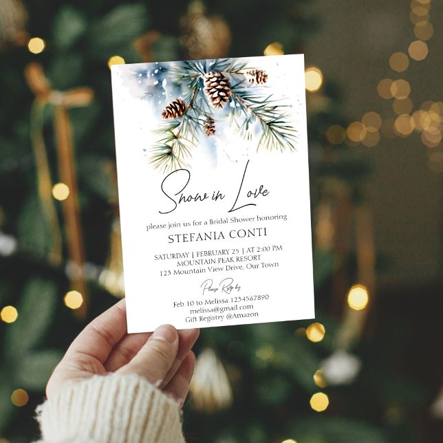 Invitation Neige amoureuse pins neigeux hiver nuptiale douche (Snow in love boho snowy pines pinecones winter bridal shower invitation template )