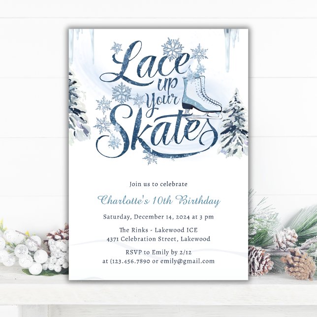 Invitation Neige d'hiver Dentellez vos patins Patinage de gla (Lace Up Your Skates Ice Skating Birthday Invitation)