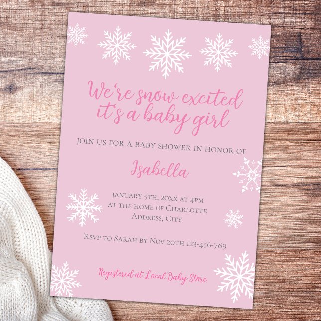 Invitation Neige d'hiver Excitée rose bébé fille Douche (snow excited winter baby girl shower invitation baby pink)