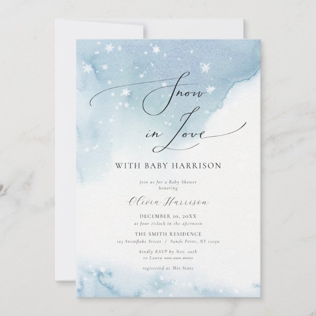 Invitation Neige en amour Baby shower d'aquarelle bleu (Devant)