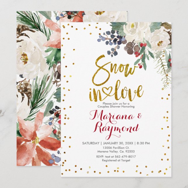 Invitation Neige en amour Blanc Noël Floral Couples Douche (Devant / Derrière)