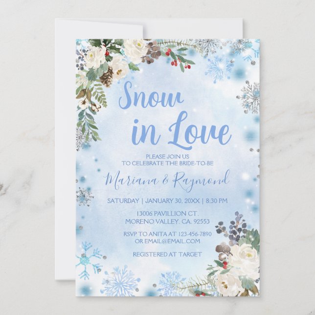 Invitation Neige en amour Flocon de neige hiver Couples Bleus (Devant)