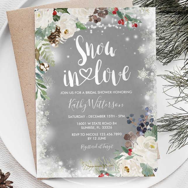 Invitation Neige en amour Hiver Blanc Floral Fête des mariées (Créateur téléchargé)