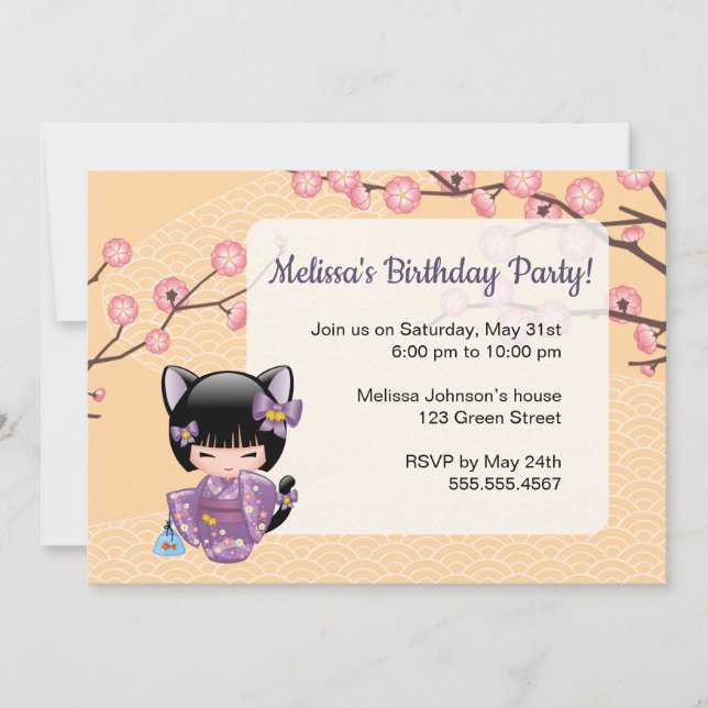 Invitation Neko Kokeshi Poupée - Cat Ears Geisha fête d'anniv (Devant)