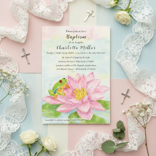 Invitation Nénuphar rose et grenouille arboricole pour baptêm