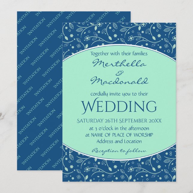 Invitation NEO MINT CLASSIQUE BLEU Élégant Floral moderne (Devant / Derrière)