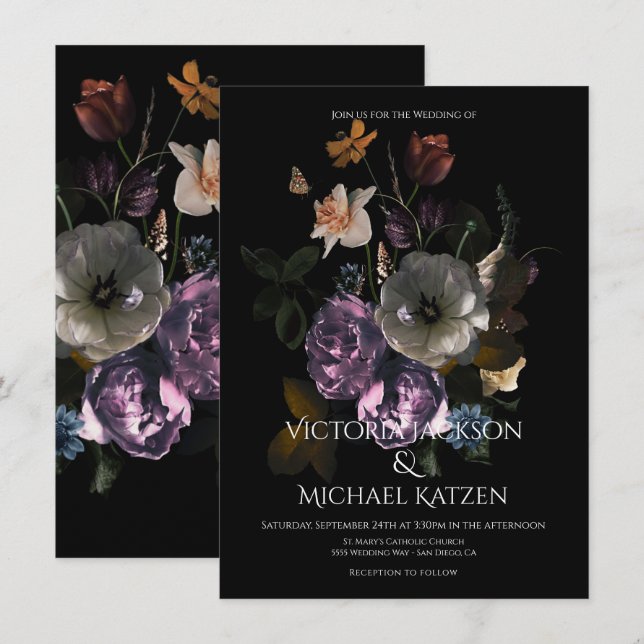 Invitation Néoclassique Floral Moonlight Dark & Moody Mariage (Devant / Derrière)