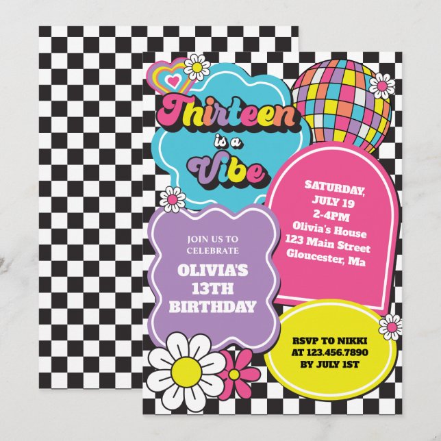 Invitation Neon 90s Retro Thirteen est un Vibe 13e anniversai (Devant / Derrière)