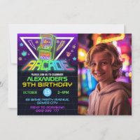 Neon Arcade Photo Anniversaire Gaming Party Invita