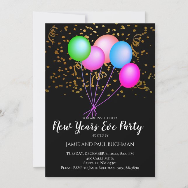 Invitation Neon Balloons Confetti Nouvel An Sove Party (Devant)
