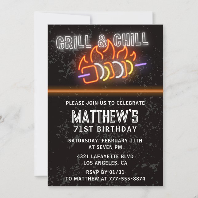 Invitation Neon Black Barbecue Grill and Chill 71e anniversai (Devant)