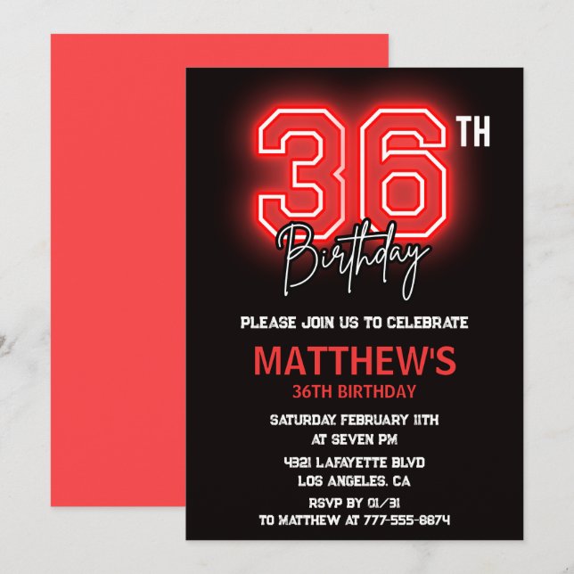 Invitation Neon Black Red Men Sport 36e anniversaire (Devant / Derrière)