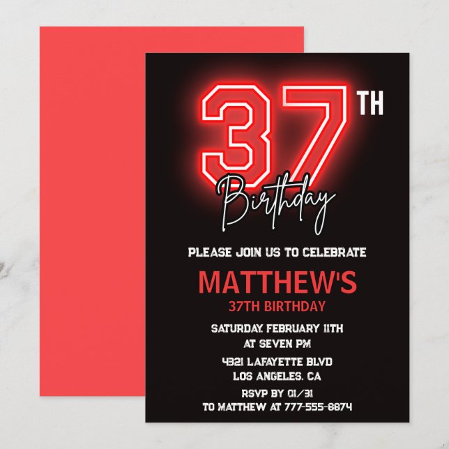 Invitation Neon Black Red Men Sport 37e anniversaire (Devant / Derrière)