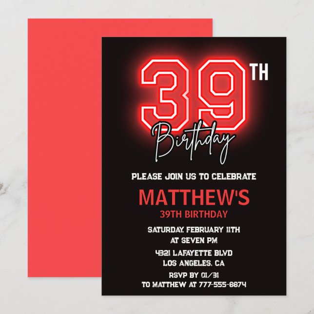 Invitation Neon Black Red Men Sport 39e anniversaire (Devant / Derrière)