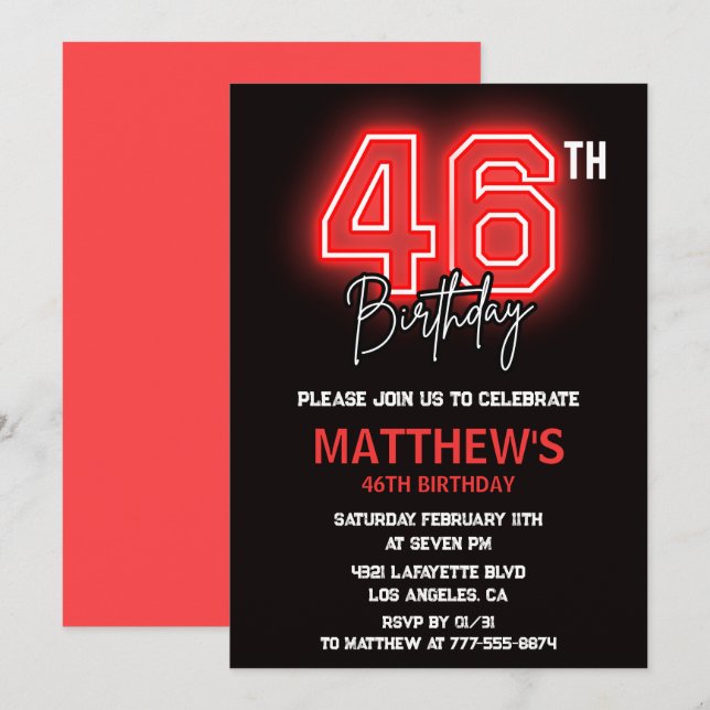 Invitation Neon Black Red Men Sport 46e anniversaire (Devant / Derrière)