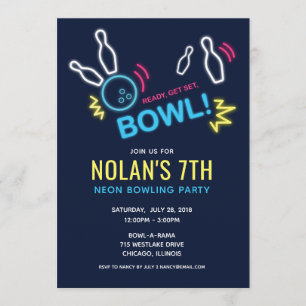 Invitation Neon Bowling fête d'anniversaire